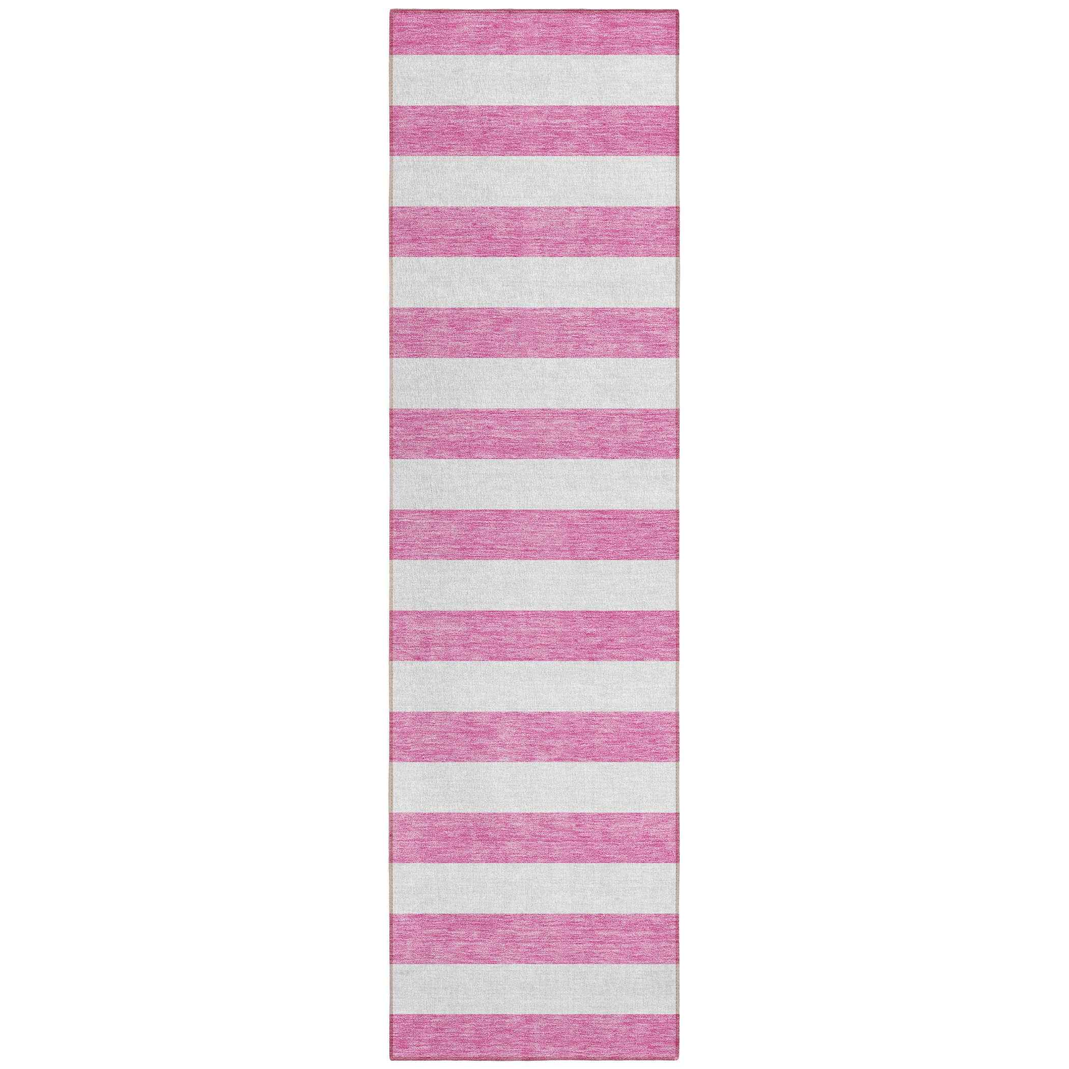 2' X 8' Pink and White Striped Washable Indoor Outdoor Runner Rug