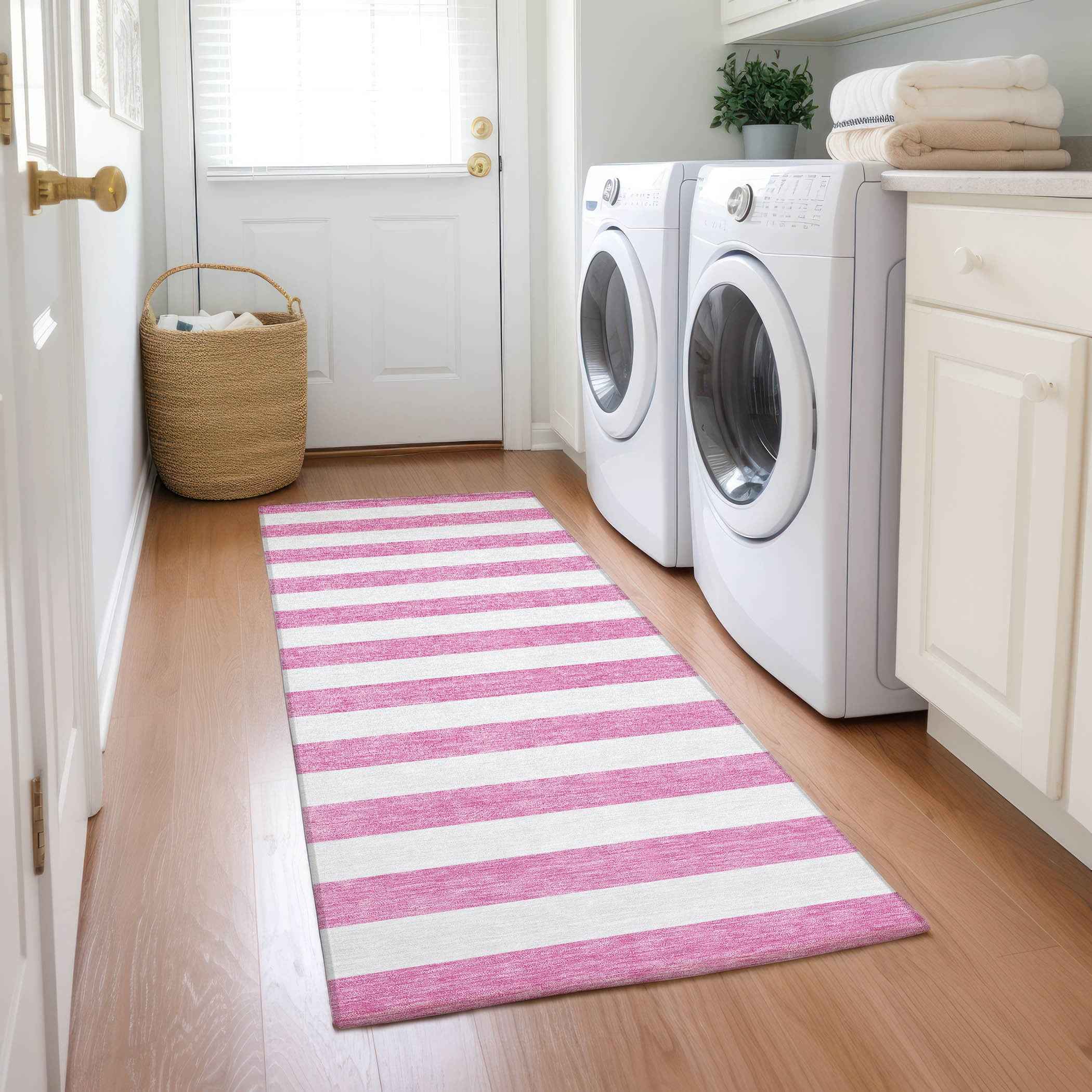 2' X 8' Pink and White Striped Washable Indoor Outdoor Runner Rug