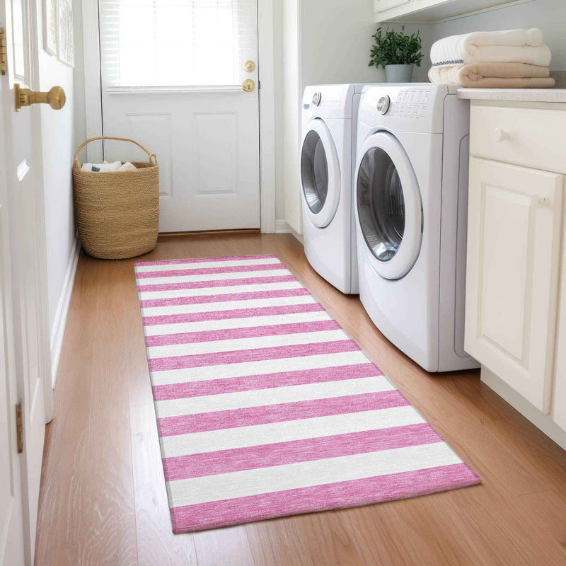 2' X 8' Pink and White Striped Washable Indoor Outdoor Runner Rug