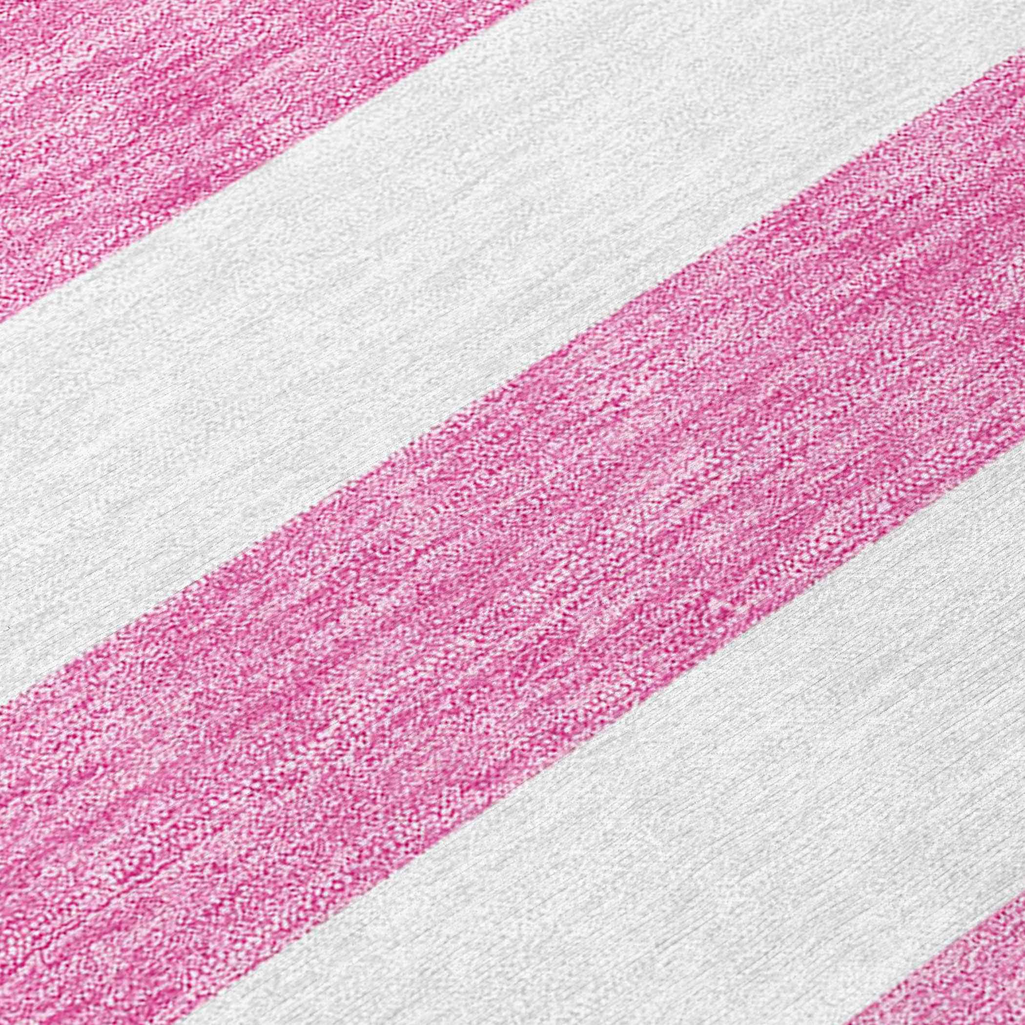 2' X 8' Pink and White Striped Washable Indoor Outdoor Runner Rug