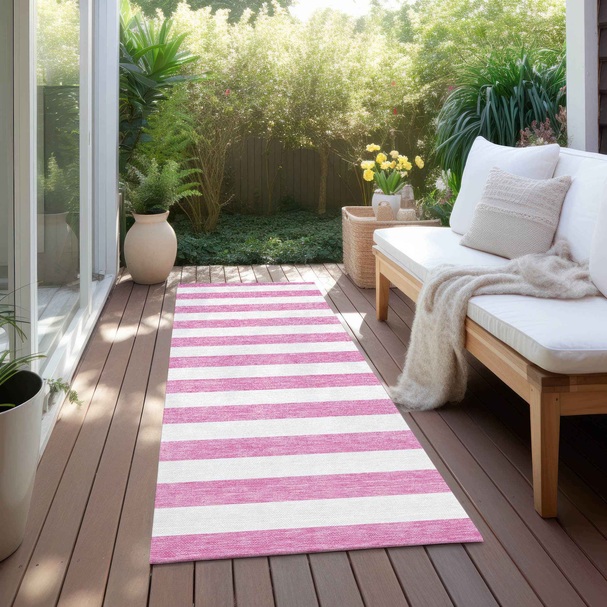 2' X 8' Pink and White Striped Washable Indoor Outdoor Runner Rug