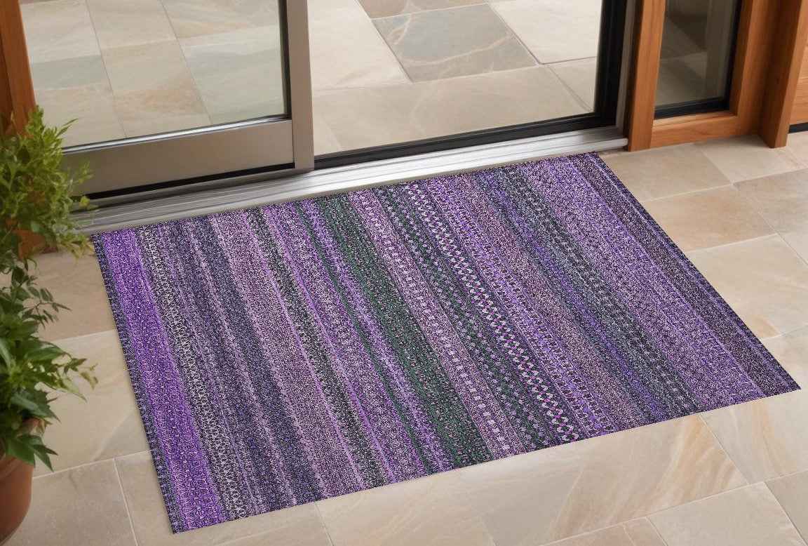 3' X 5' Purple Striped Washable Non Skid Indoor Outdoor Area Rug
