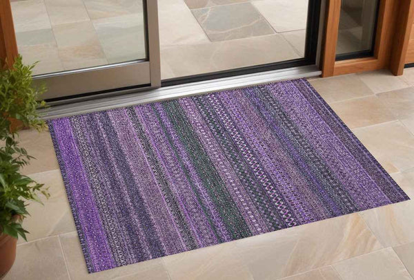 3' X 5' Purple Striped Washable Non Skid Indoor Outdoor Area Rug