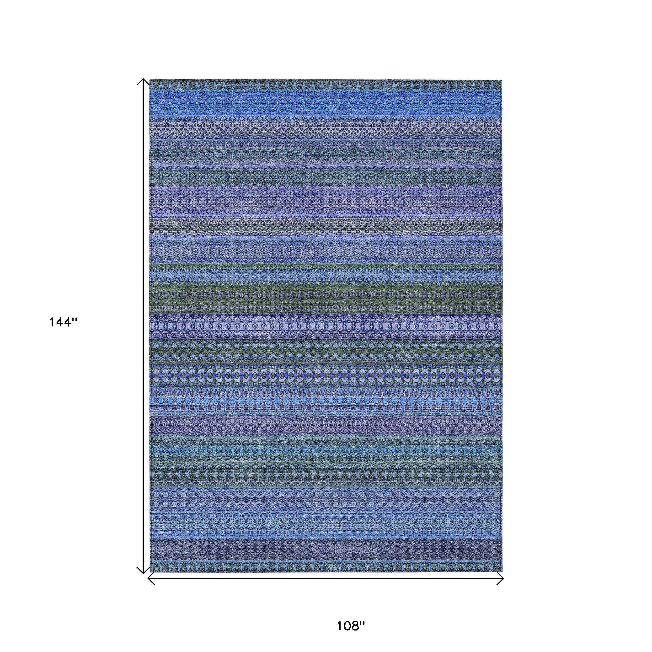 9' X 12' Blue and Green Striped Washable Non Skid Indoor Outdoor Area Rug