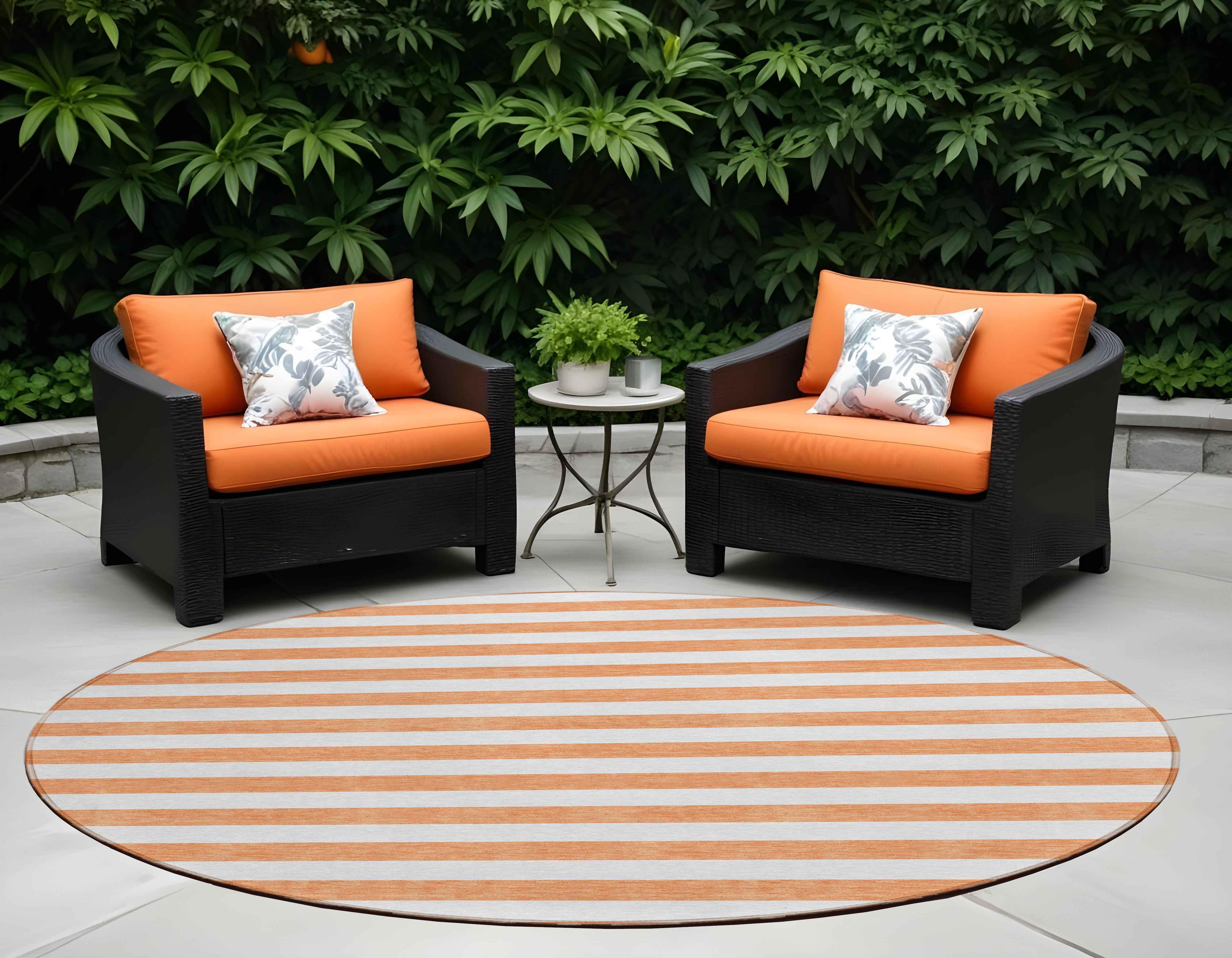 8' Round Salmon Round Striped Washable Non Skid Indoor Outdoor Area Rug