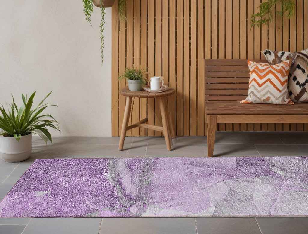 8' Runner Lilac Abstract Washable Non Skid Indoor Outdoor Runner Rug