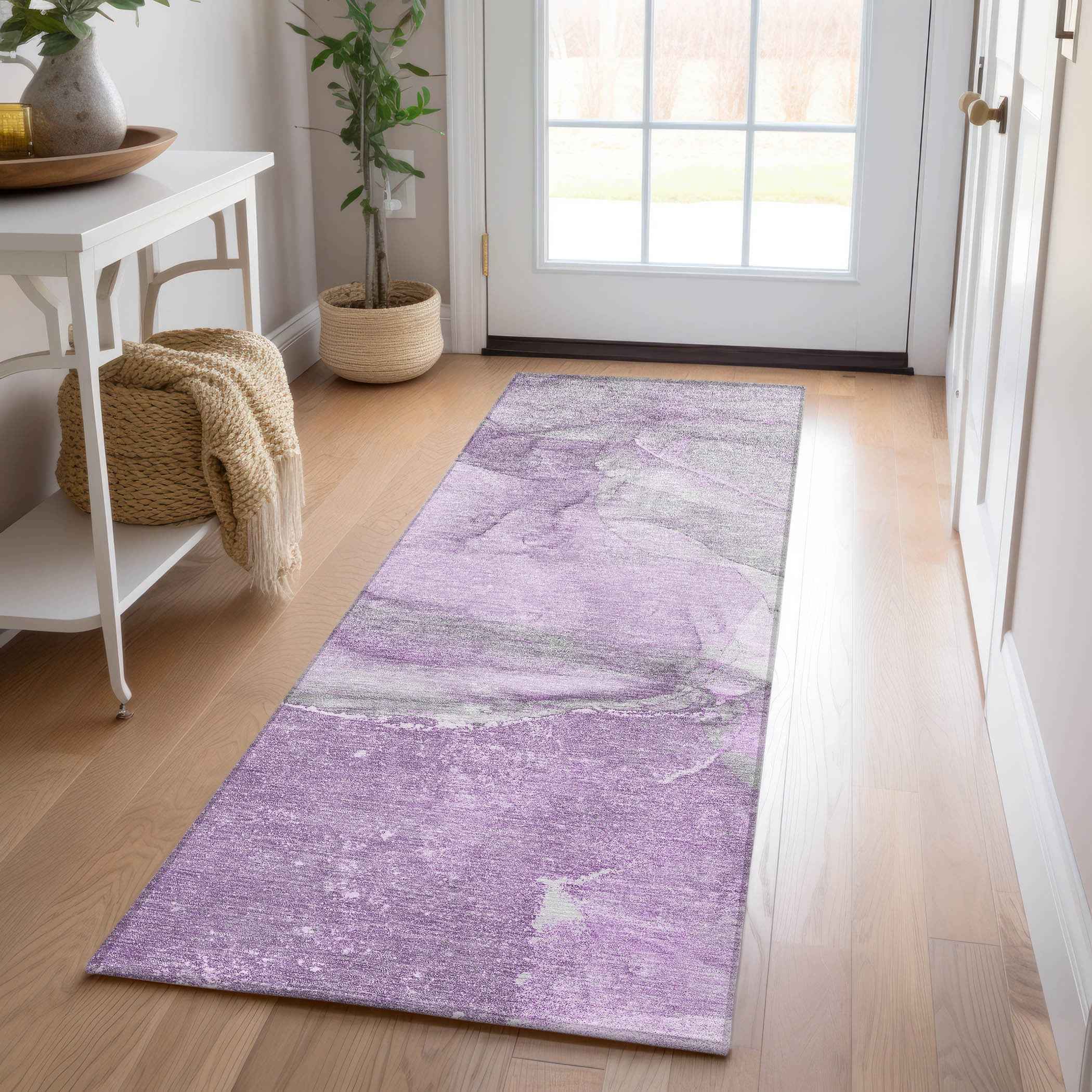 8' Runner Lilac Abstract Washable Non Skid Indoor Outdoor Runner Rug