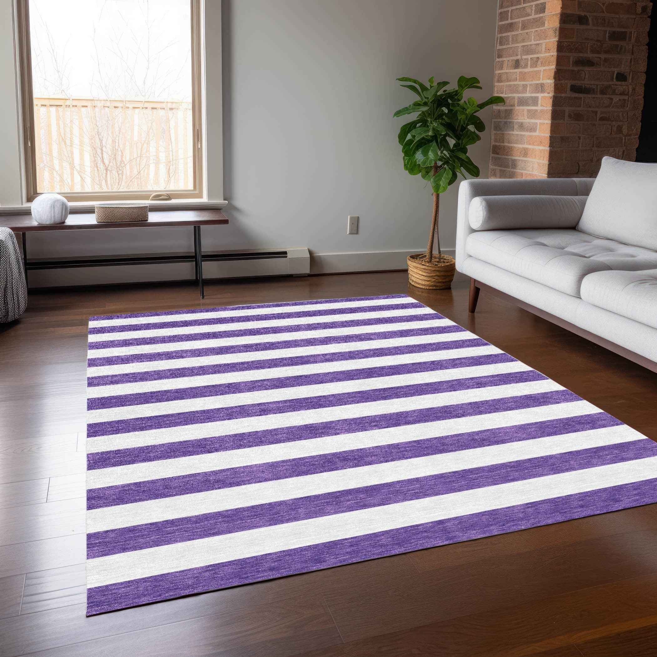 9' X 12' Purple and White Striped Washable Non Skid Indoor Outdoor Area Rug