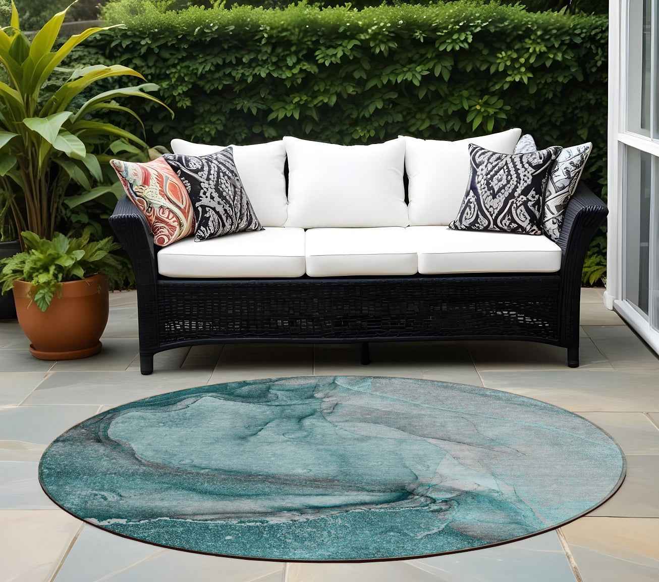 8' Round Teal Round Abstract Washable Non Skid Indoor Outdoor Area Rug