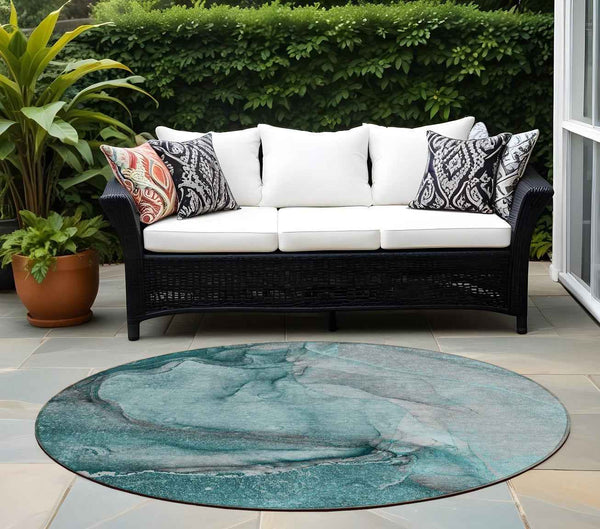 8' Round Teal Round Abstract Washable Non Skid Indoor Outdoor Area Rug