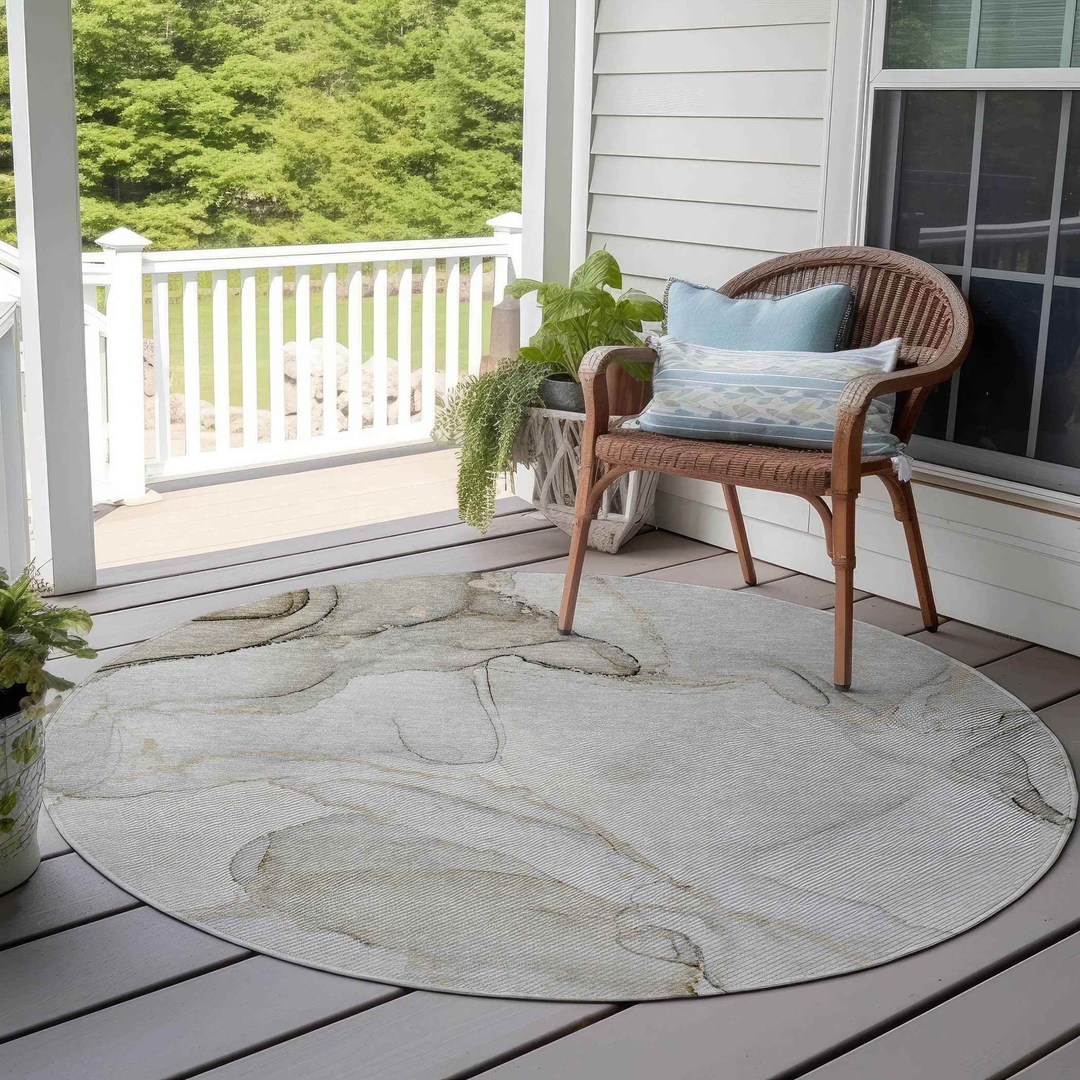 8' Round Beige and Ivory Round Abstract Washable Non Skid Indoor Outdoor Area Rug