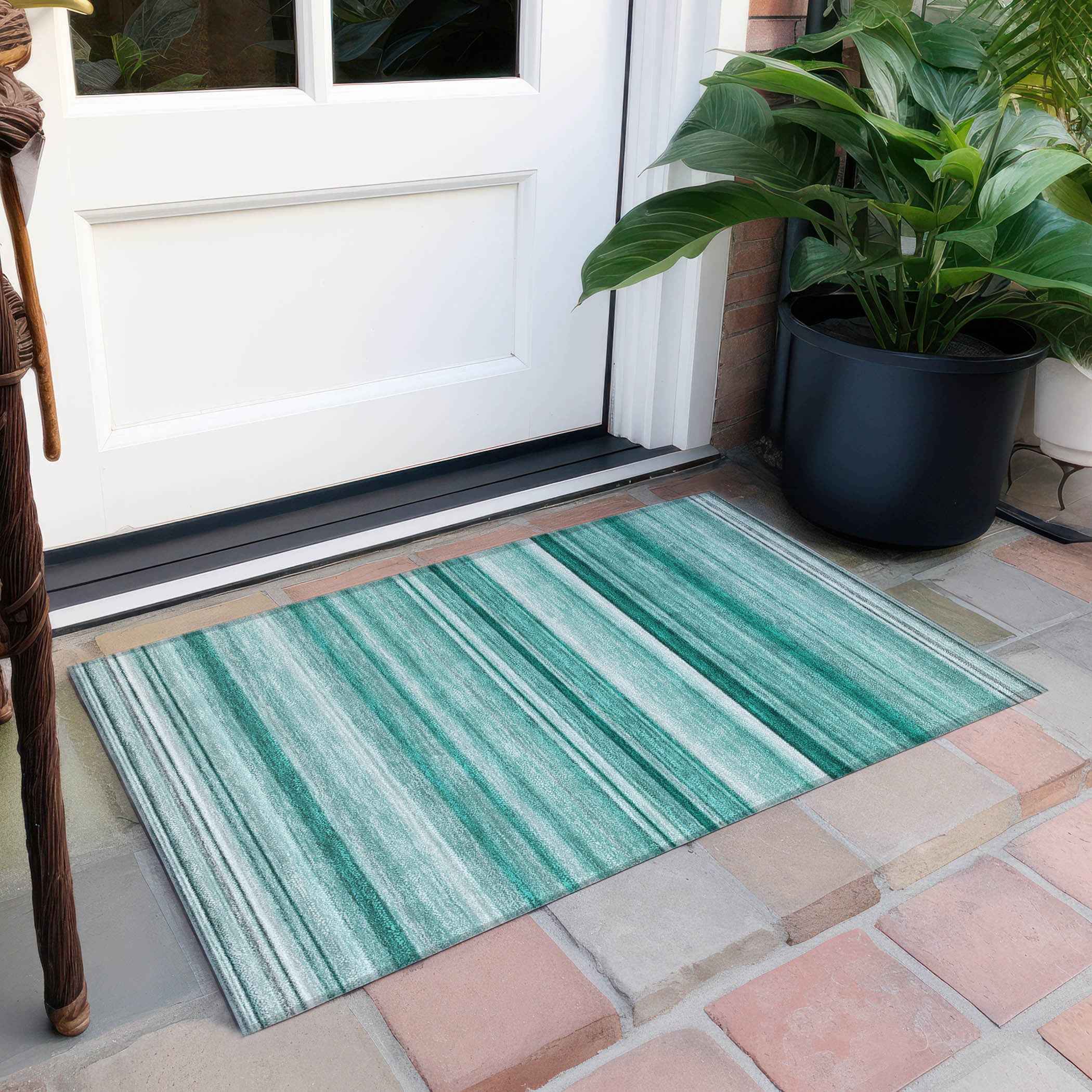 2' X 3' Aqua Striped Washable Indoor Outdoor Area Rug
