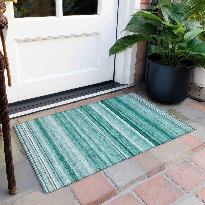 2' X 3' Aqua Striped Washable Indoor Outdoor Area Rug