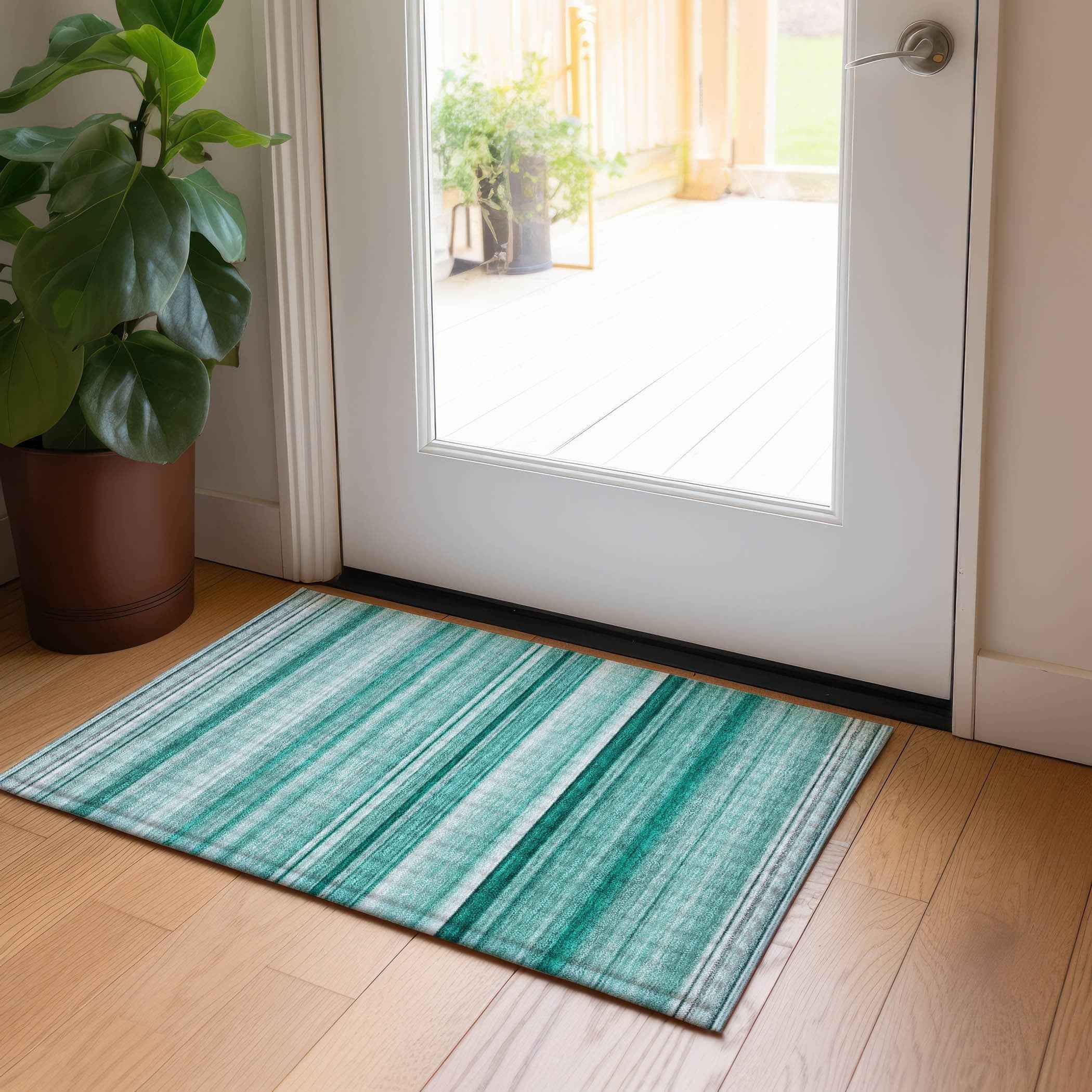 2' X 3' Aqua Striped Washable Indoor Outdoor Area Rug