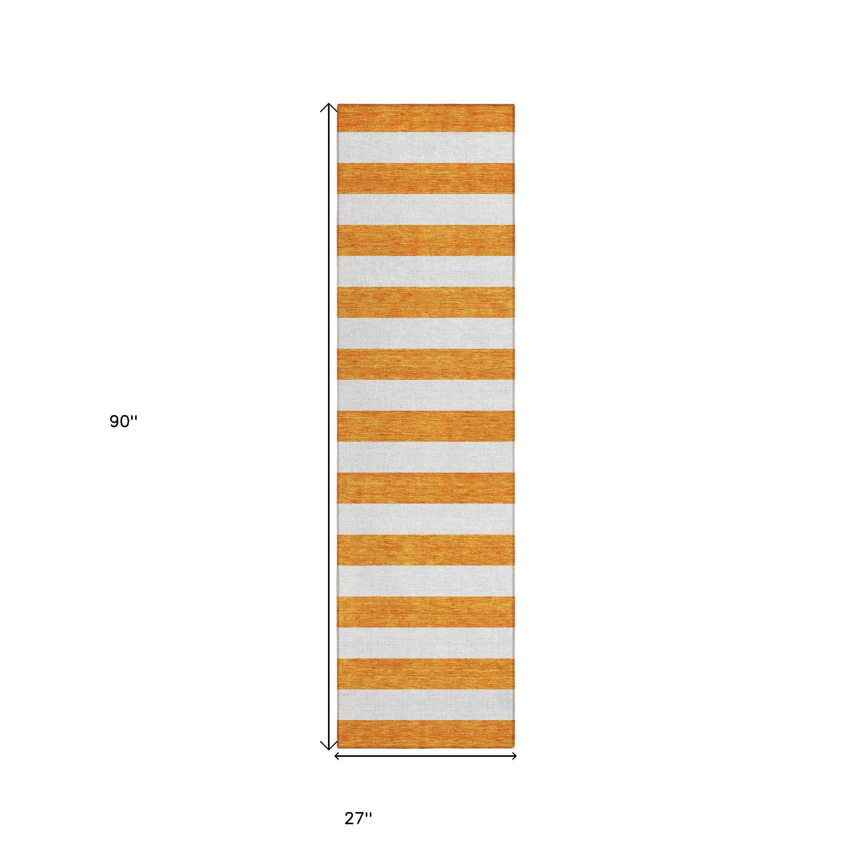 2' X 8' Orange and White Striped Washable Indoor Outdoor Runner Rug