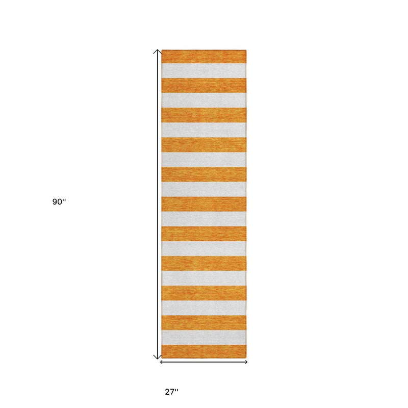 2' X 8' Orange and White Striped Washable Indoor Outdoor Runner Rug