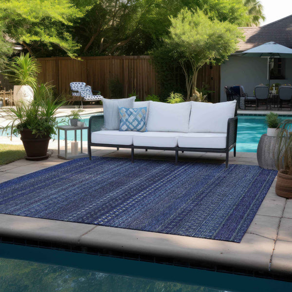 10' X 14' Navy Blue Striped Washable Non Skid Indoor Outdoor Area Rug