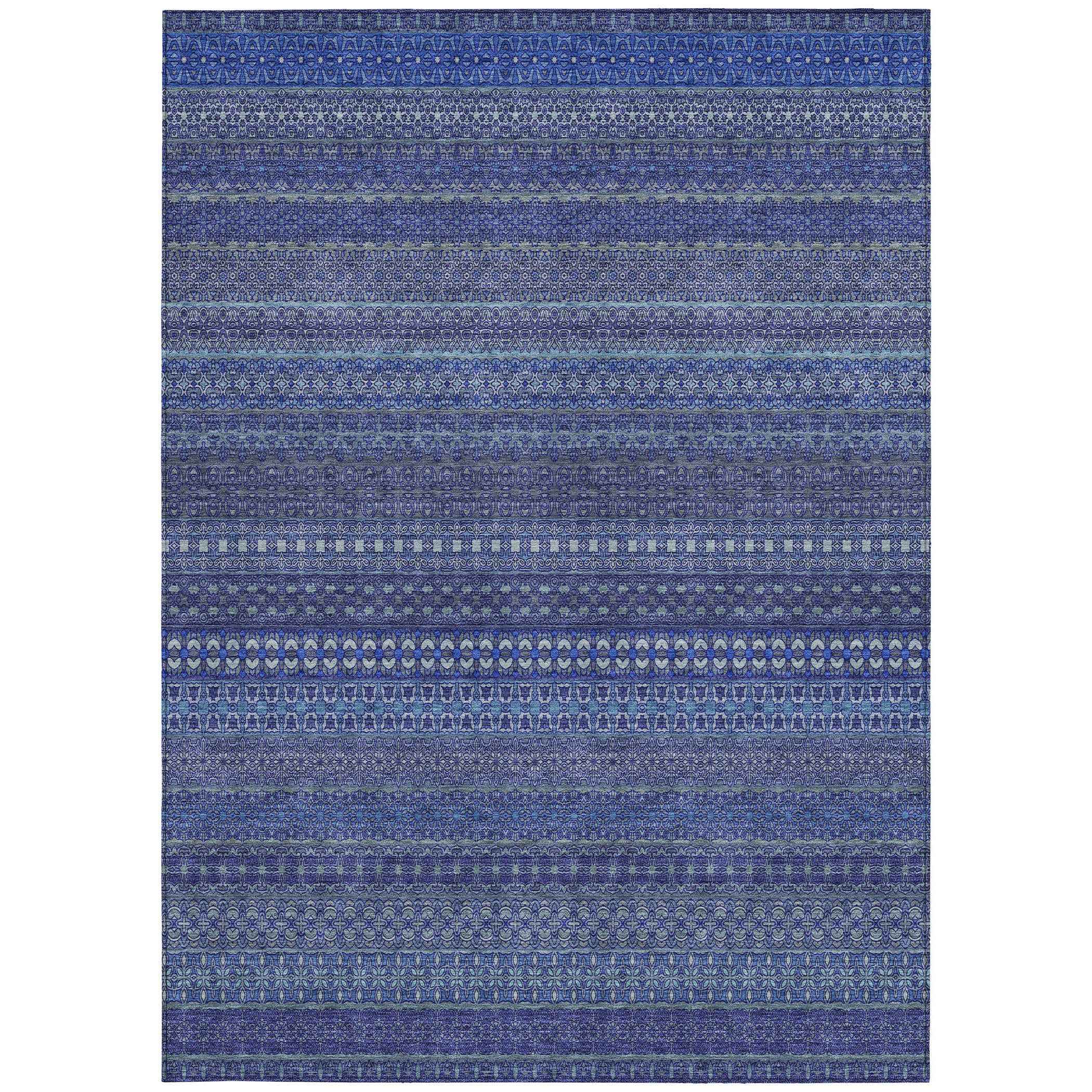10' X 14' Navy Blue Striped Washable Non Skid Indoor Outdoor Area Rug