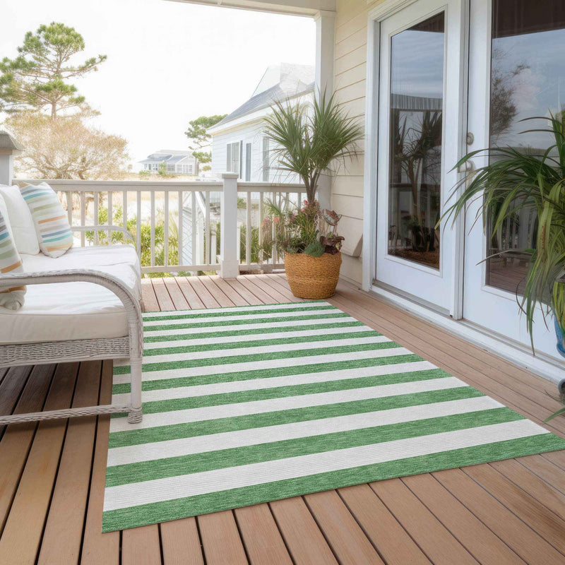8' X 10' Green and White Striped Washable Indoor Outdoor Area Rug