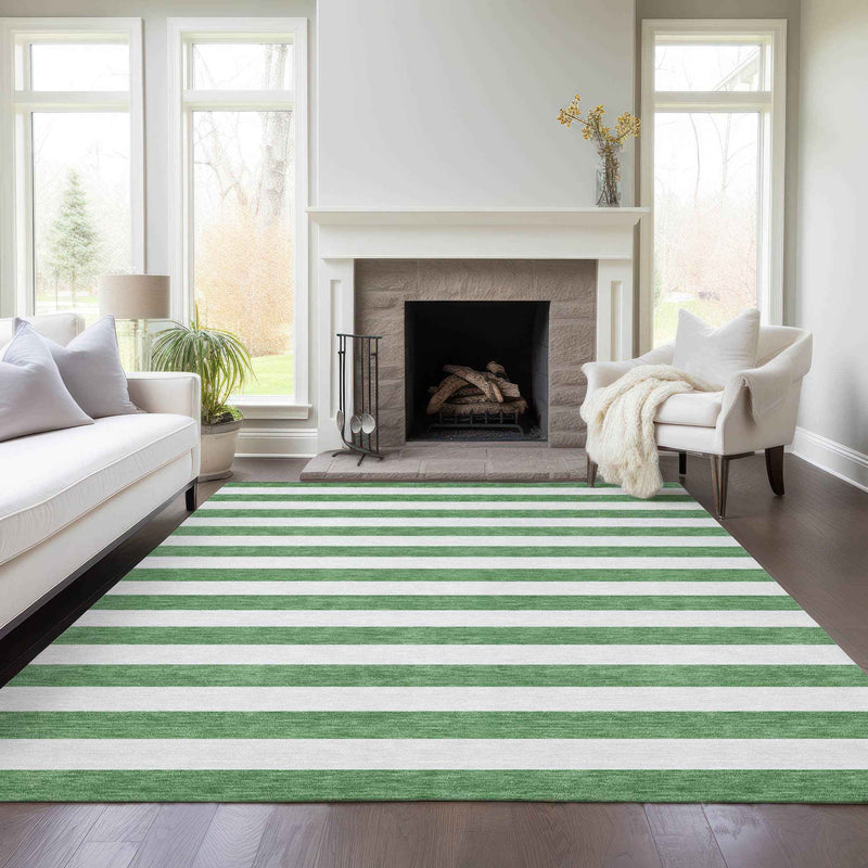 8' X 10' Green and White Striped Washable Indoor Outdoor Area Rug