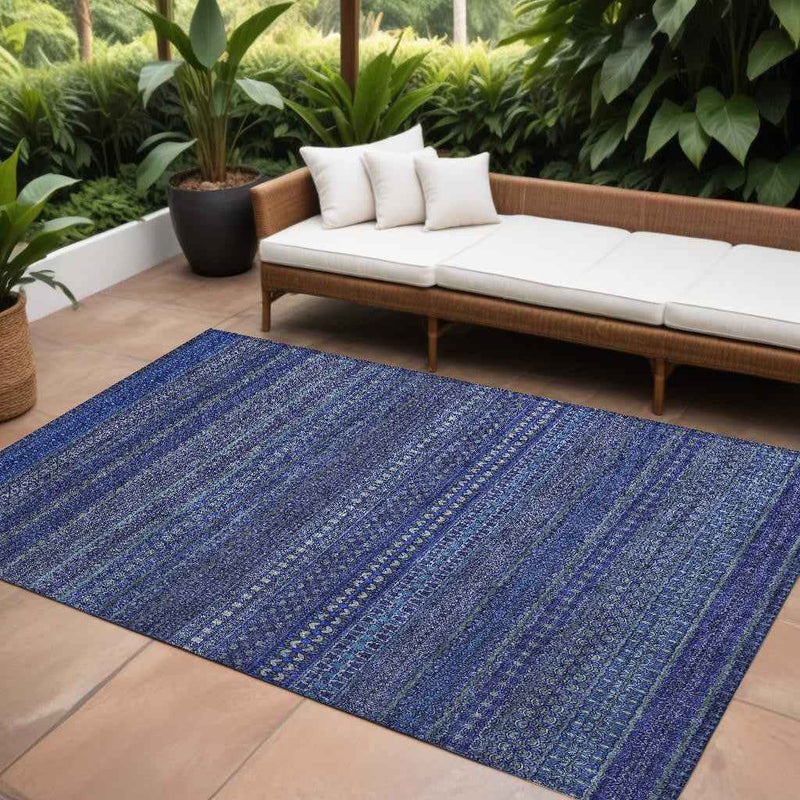 10' X 14' Navy Blue Striped Washable Non Skid Indoor Outdoor Area Rug