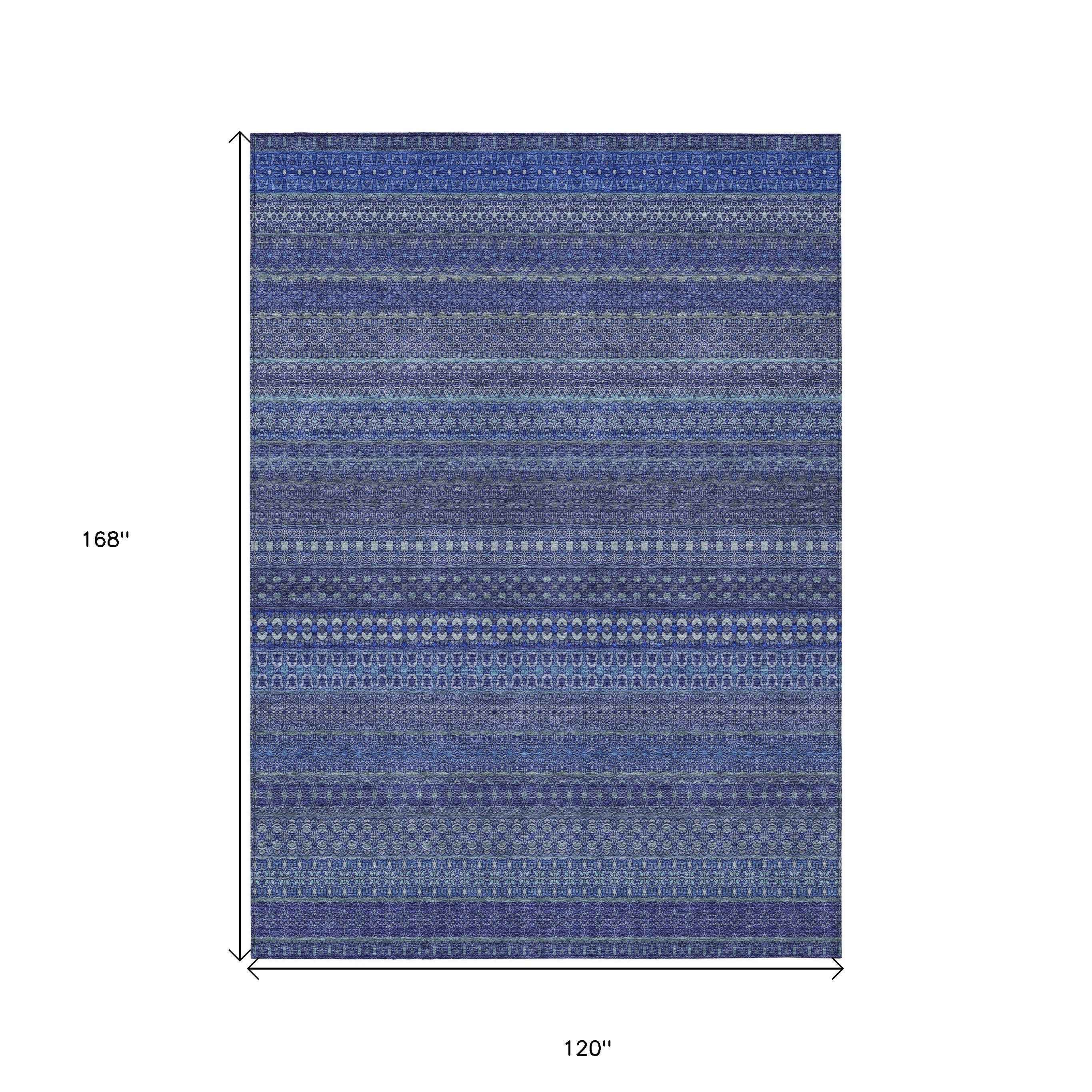 10' X 14' Navy Blue Striped Washable Non Skid Indoor Outdoor Area Rug