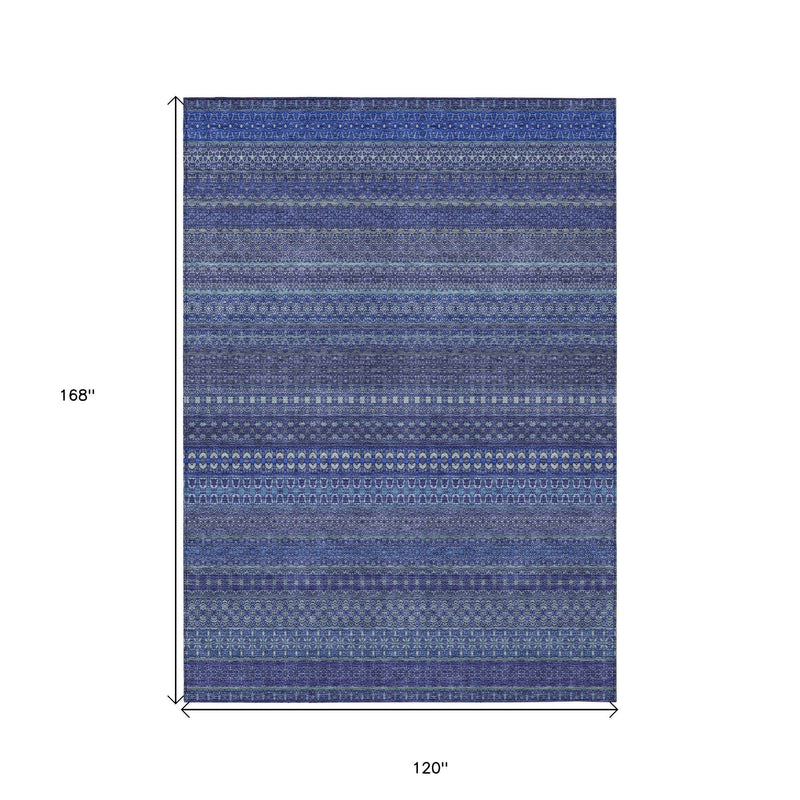 10' X 14' Navy Blue Striped Washable Non Skid Indoor Outdoor Area Rug
