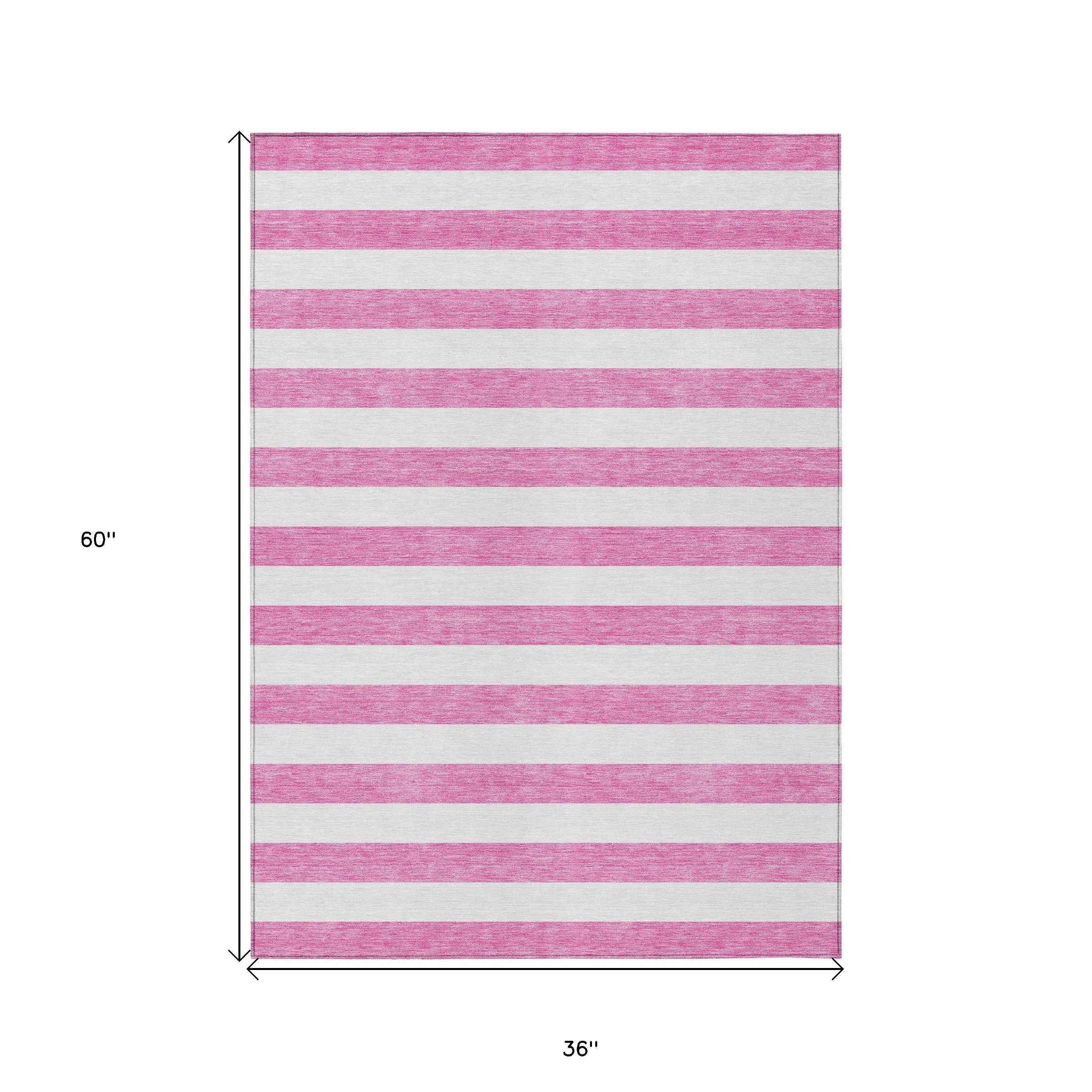 3' X 5' Pink and White Striped Washable Non Skid Indoor Outdoor Area Rug