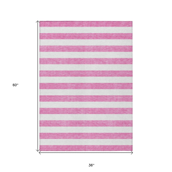3' X 5' Pink and White Striped Washable Non Skid Indoor Outdoor Area Rug