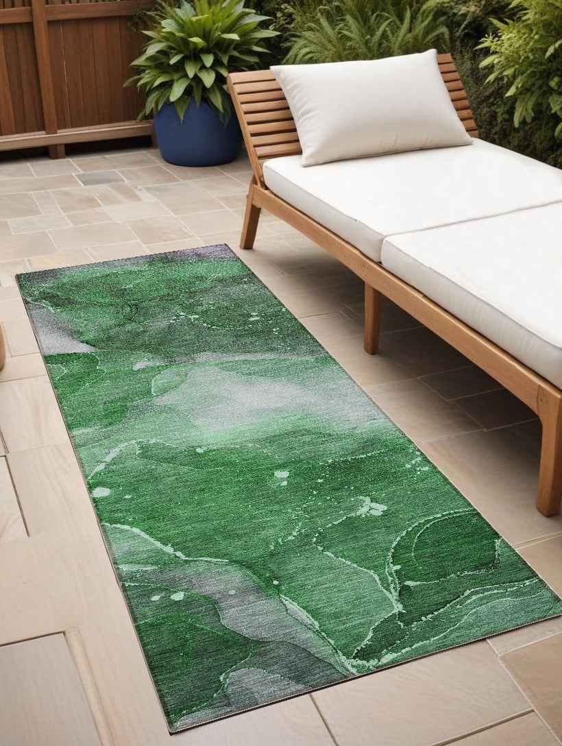 8' Runner Emerald Abstract Washable Non Skid Indoor Outdoor Runner Rug