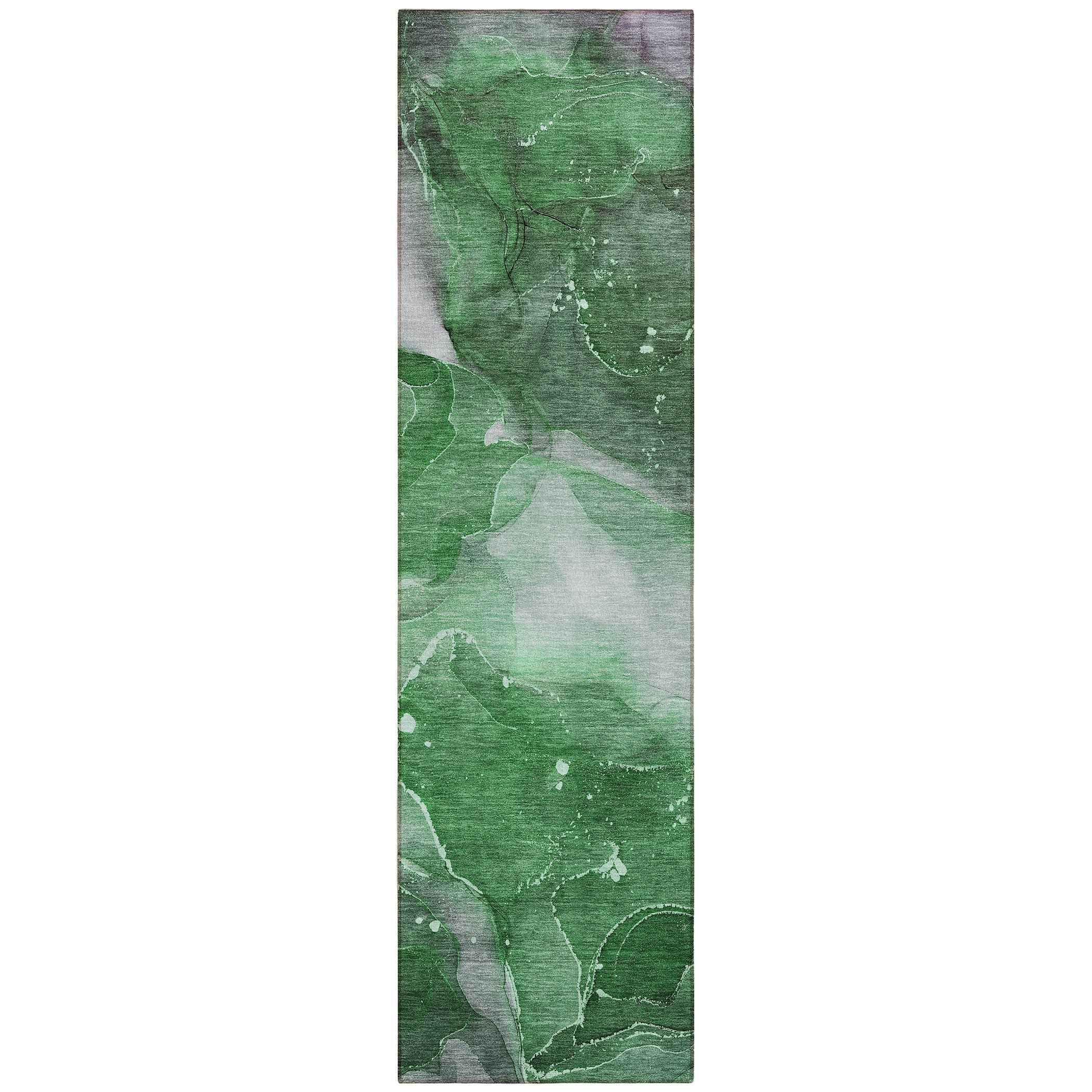 8' Runner Emerald Abstract Washable Non Skid Indoor Outdoor Runner Rug