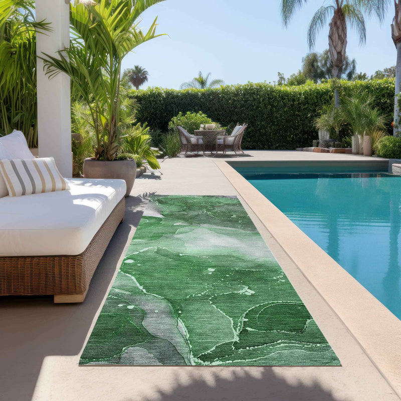 8' Runner Emerald Abstract Washable Non Skid Indoor Outdoor Runner Rug