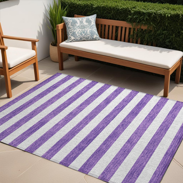 5' X 8' Purple and White Striped Washable Non Skid Indoor Outdoor Area Rug