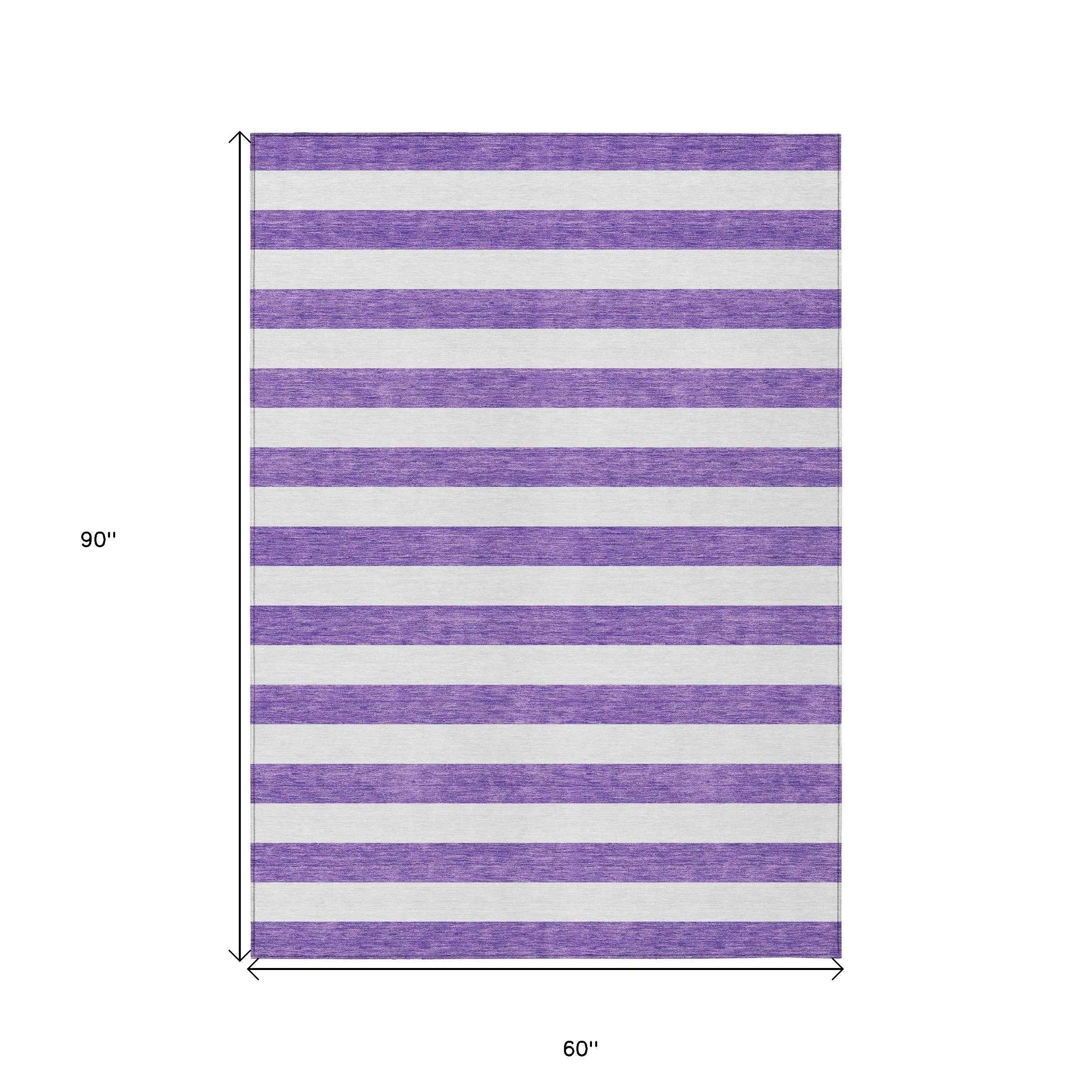5' X 8' Purple and White Striped Washable Non Skid Indoor Outdoor Area Rug