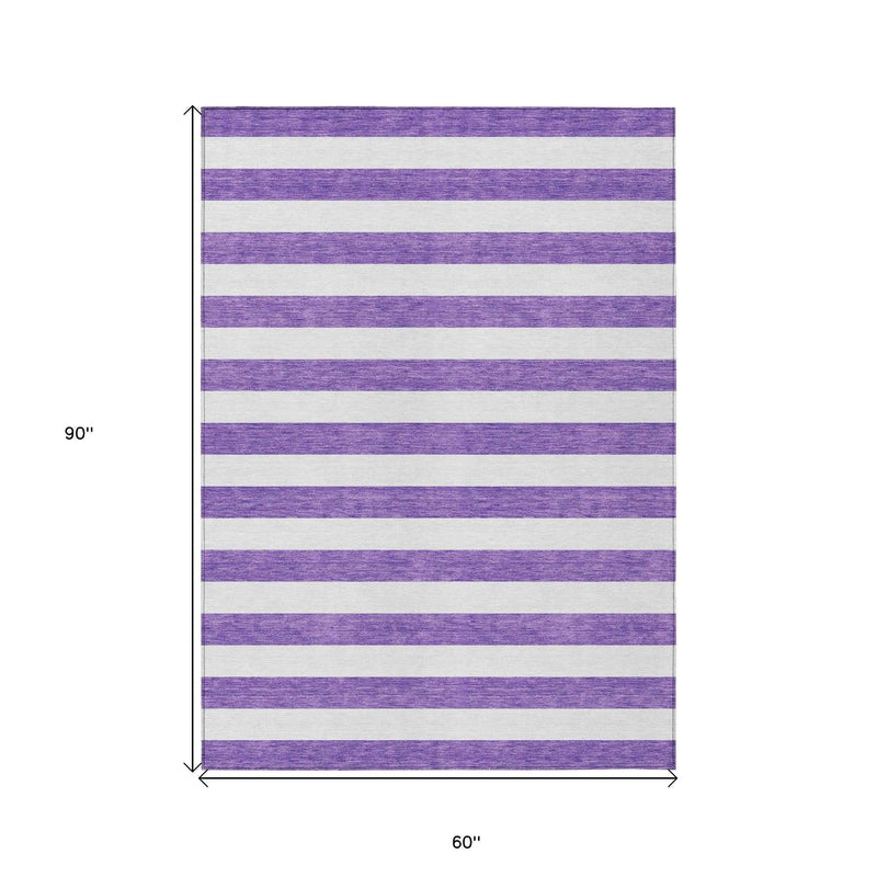 5' X 8' Purple and White Striped Washable Non Skid Indoor Outdoor Area Rug