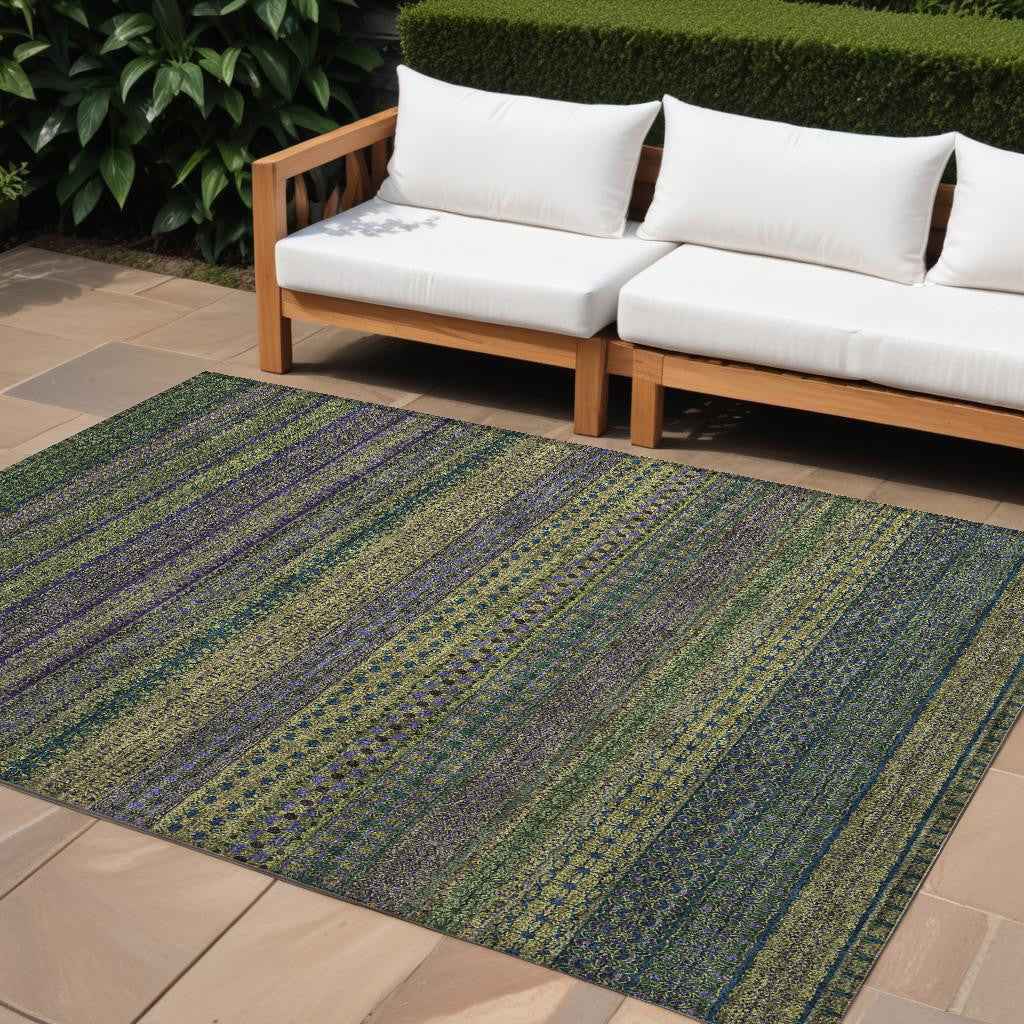 8' X 10' Olive Green Striped Washable Non Skid Indoor Outdoor Area Rug