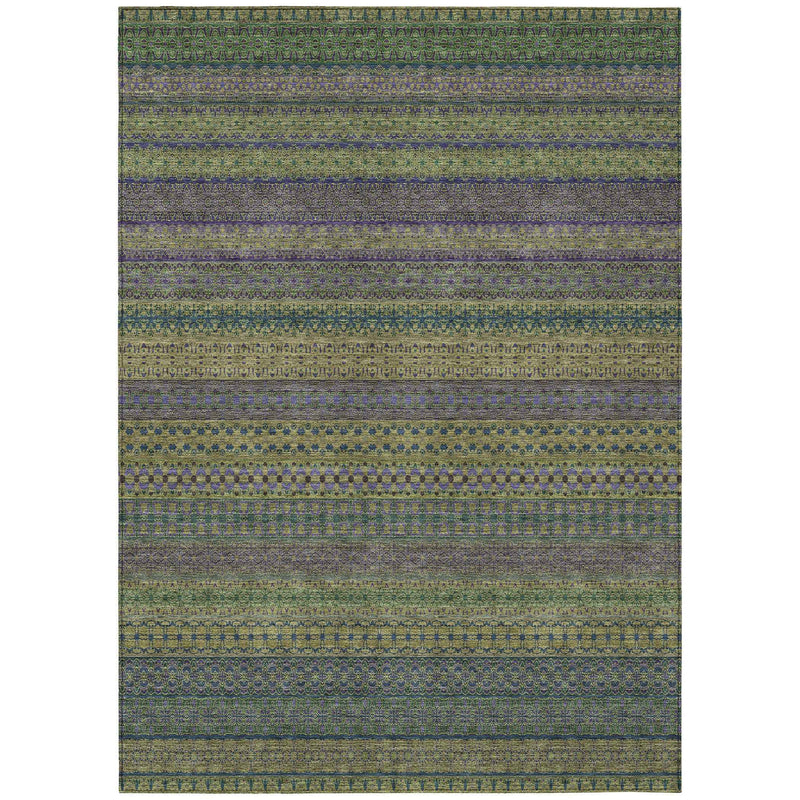8' X 10' Olive Green Striped Washable Non Skid Indoor Outdoor Area Rug