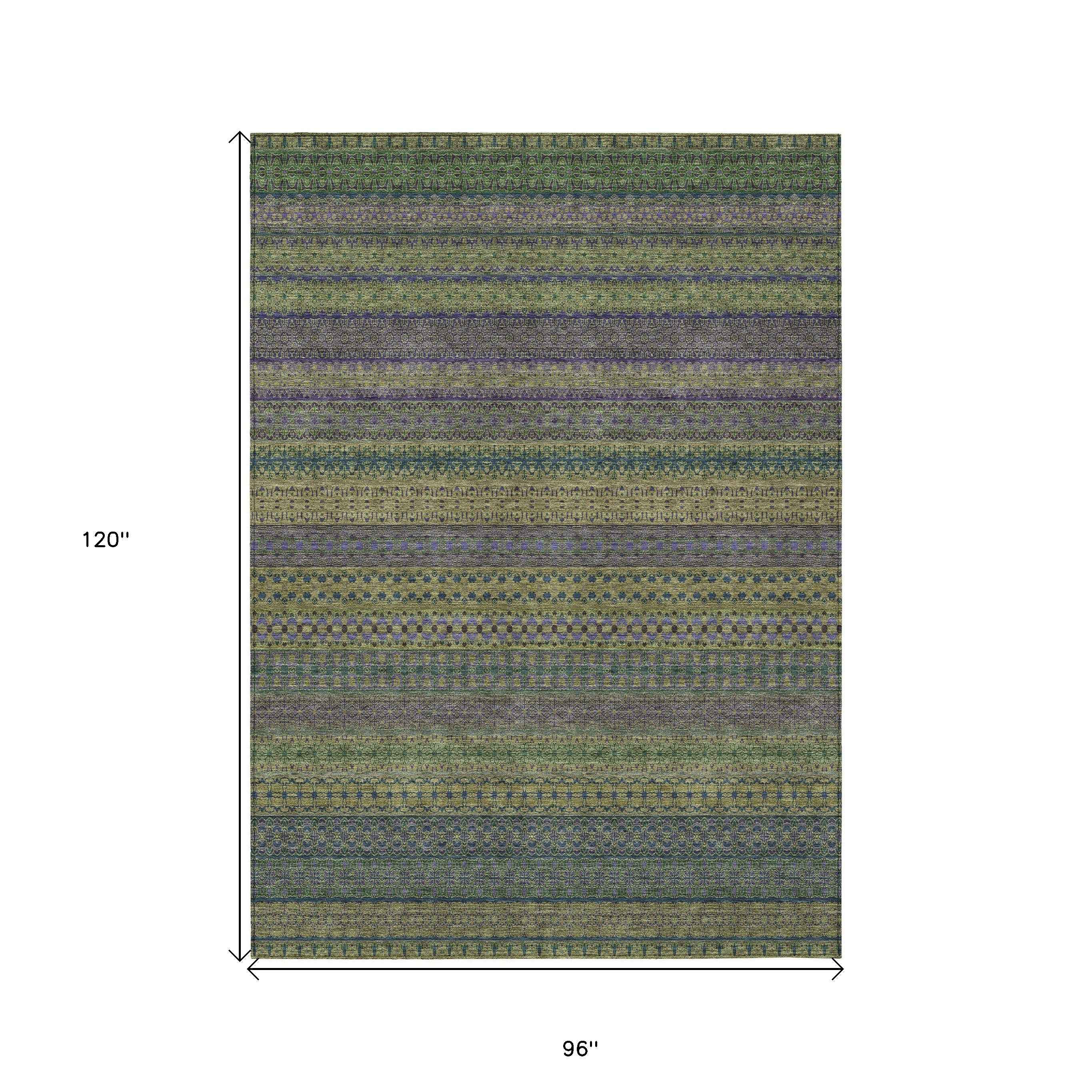 8' X 10' Olive Green Striped Washable Non Skid Indoor Outdoor Area Rug
