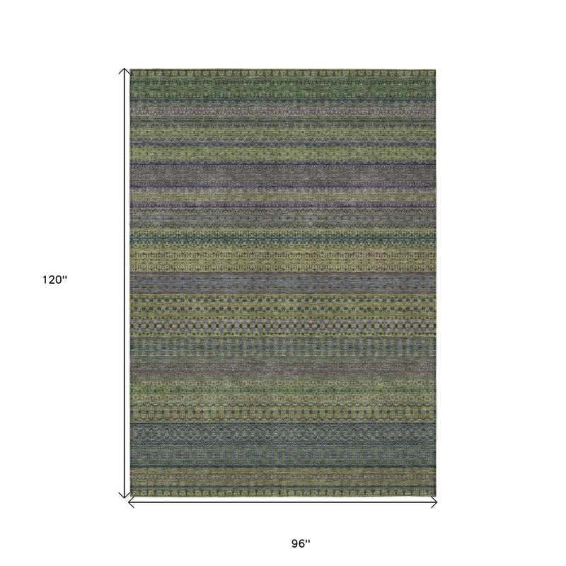 8' X 10' Olive Green Striped Washable Non Skid Indoor Outdoor Area Rug