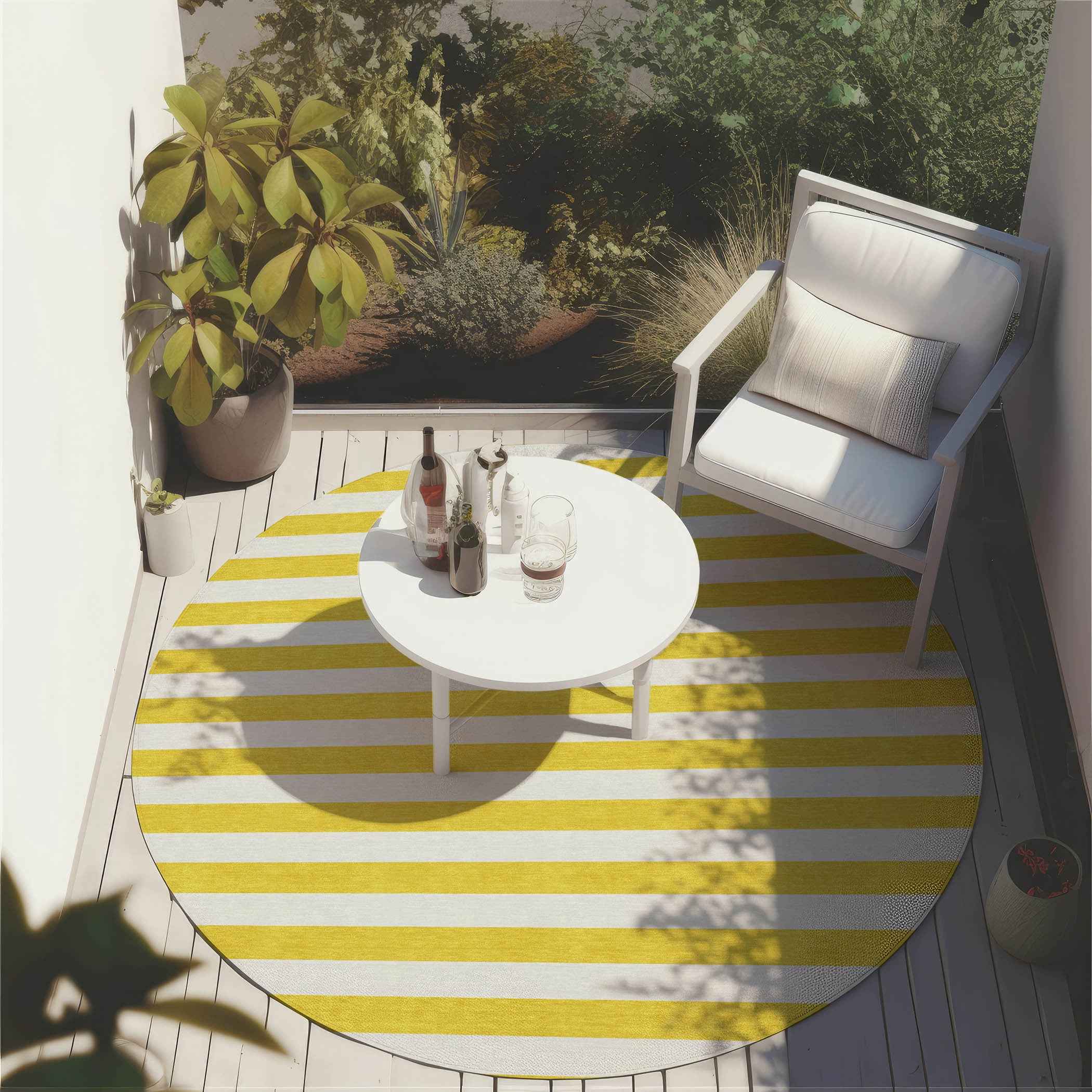 8' X 8' Yellow and White Round Striped Washable Indoor Outdoor Area Rug