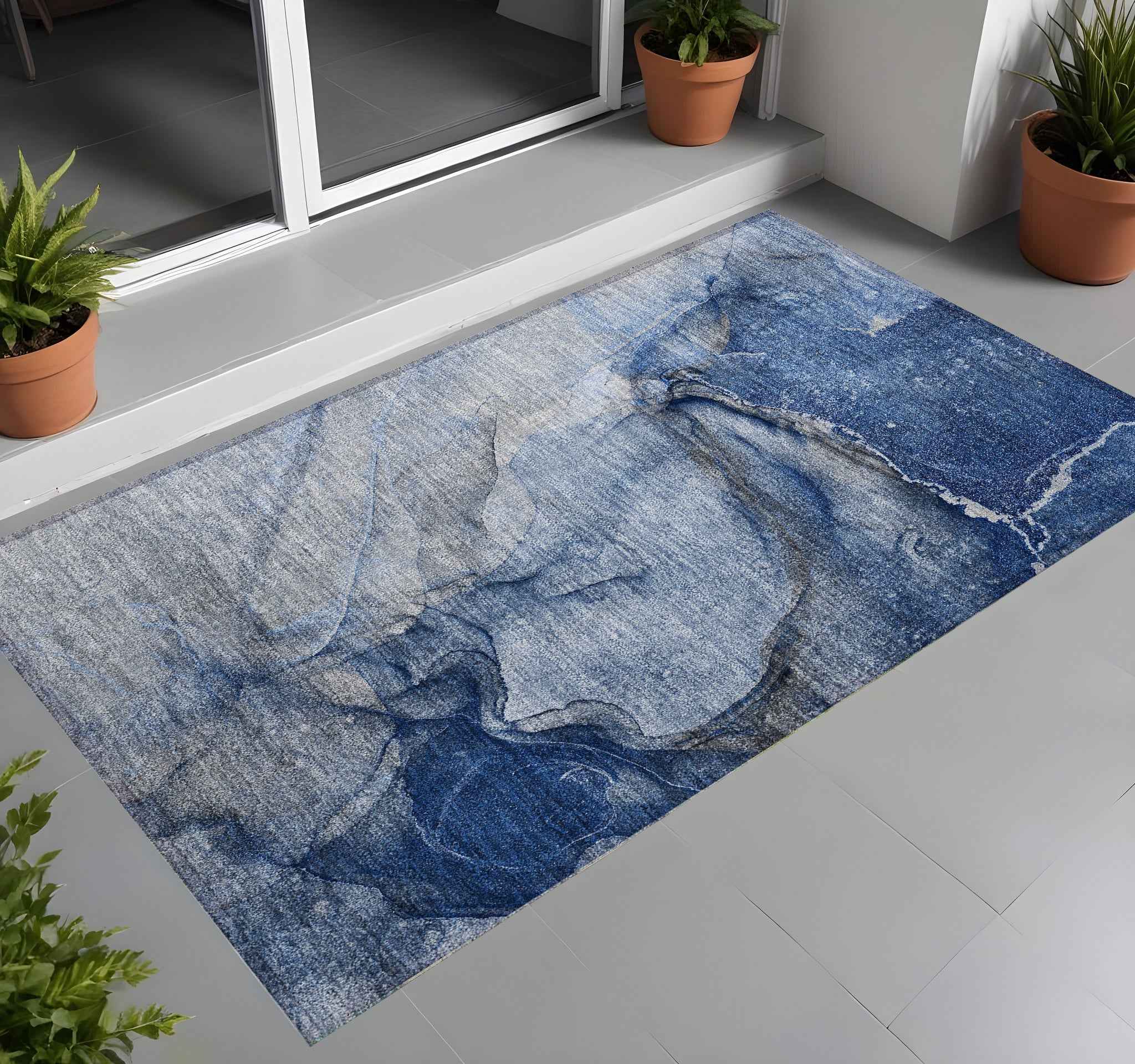 3' X 5' Navy Blue Abstract Washable Non Skid Indoor Outdoor Area Rug