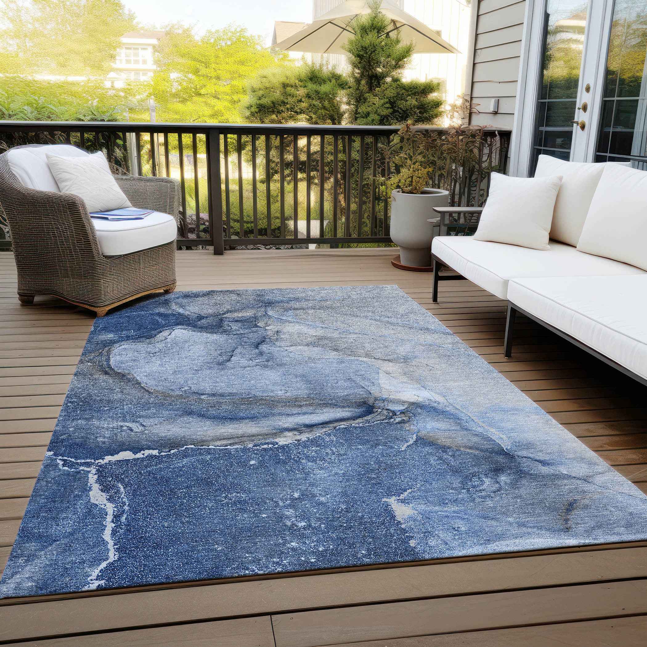 3' X 5' Navy Blue Abstract Washable Non Skid Indoor Outdoor Area Rug