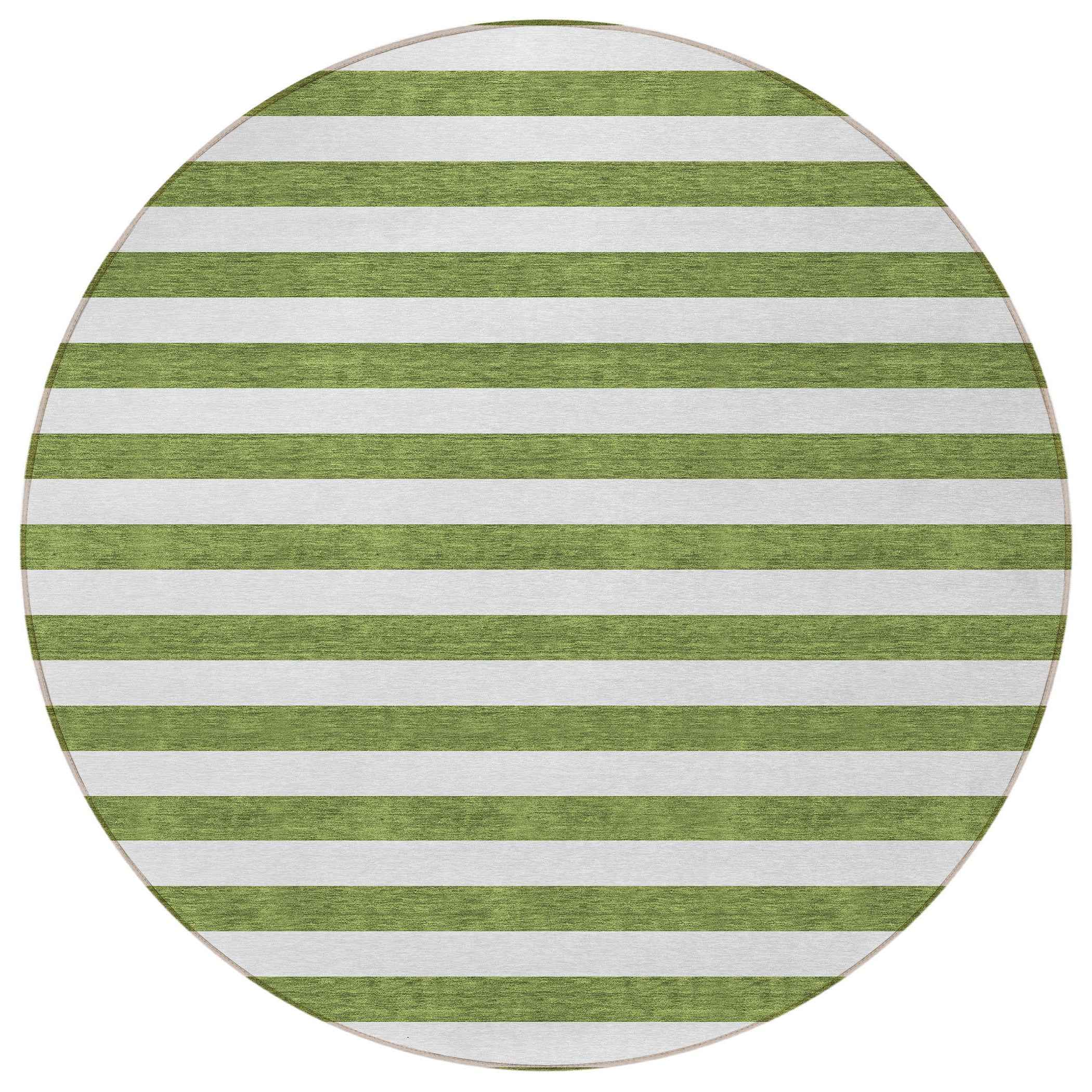 8' Round Olive Green Round Striped Washable Non Skid Indoor Outdoor Area Rug