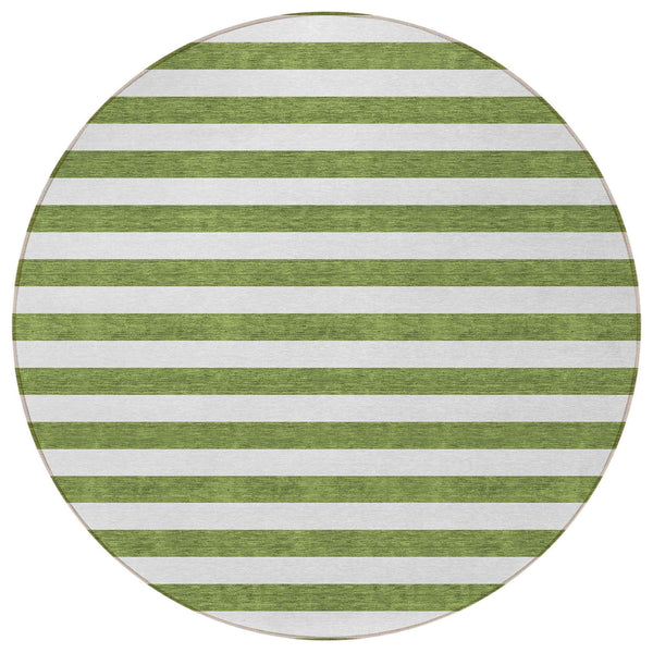 8' Round Olive Green Round Striped Washable Non Skid Indoor Outdoor Area Rug