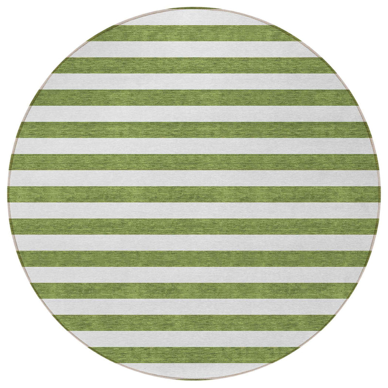 8' Round Olive Green Round Striped Washable Non Skid Indoor Outdoor Area Rug