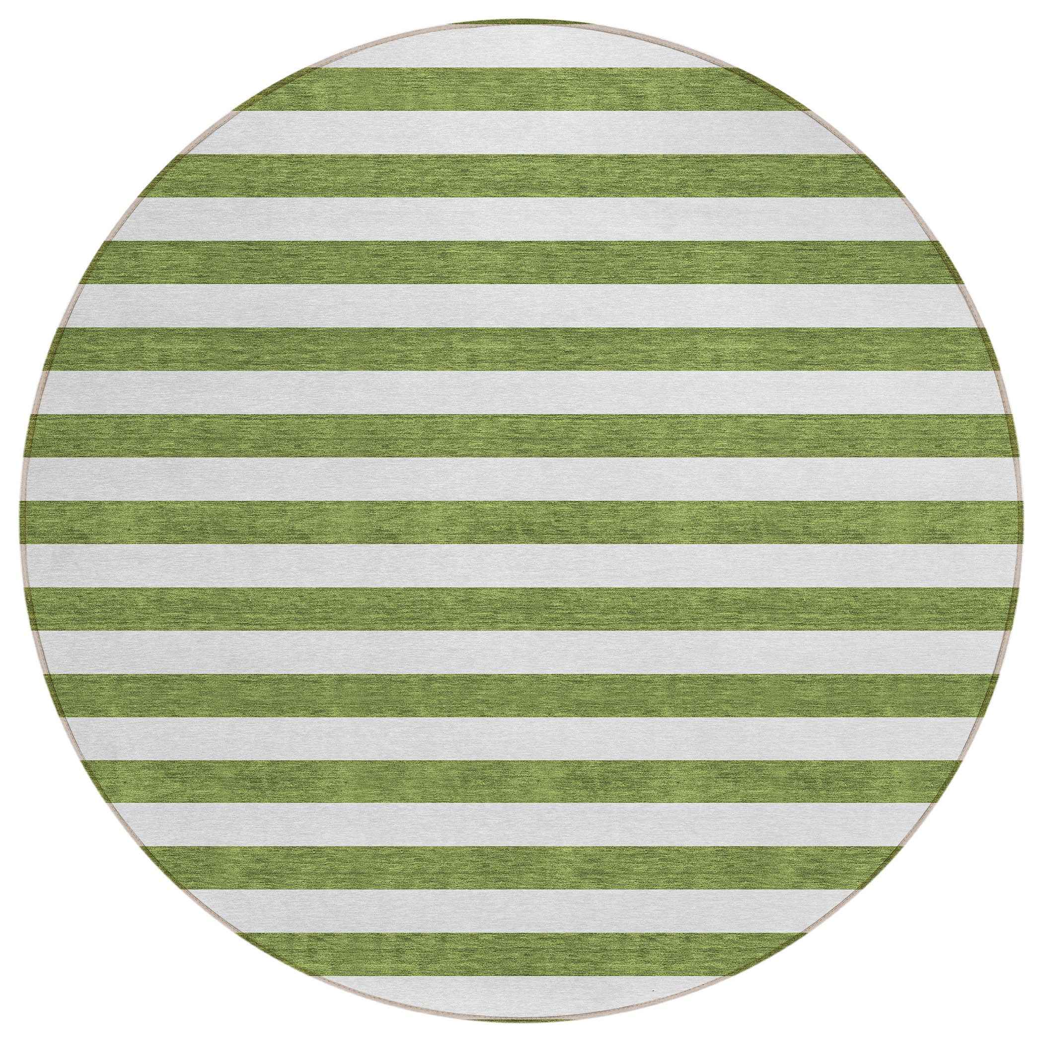 8' Round Olive Green Round Striped Washable Non Skid Indoor Outdoor Area Rug