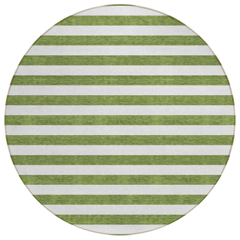 8' Round Olive Green Round Striped Washable Non Skid Indoor Outdoor Area Rug