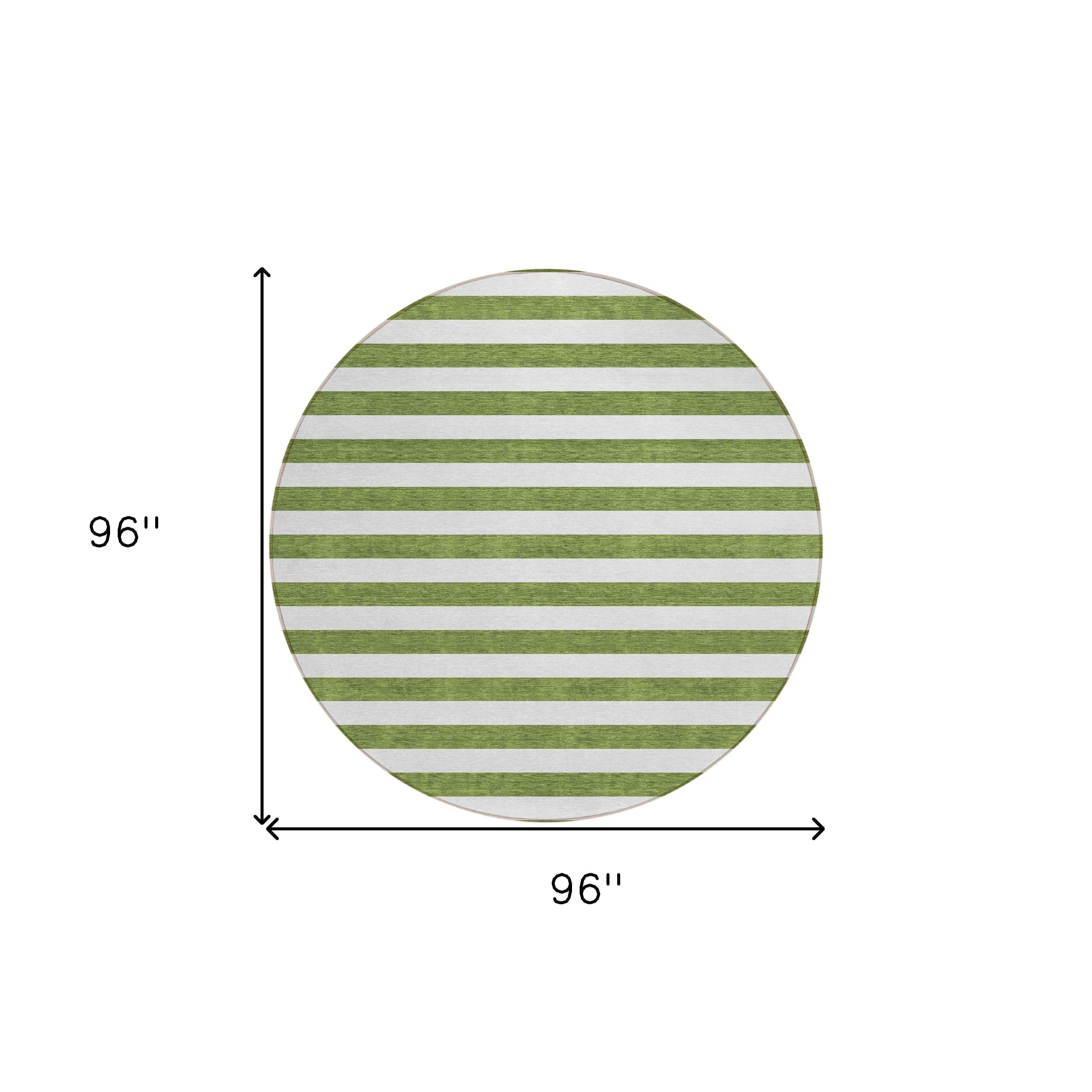8' Round Olive Green Round Striped Washable Non Skid Indoor Outdoor Area Rug