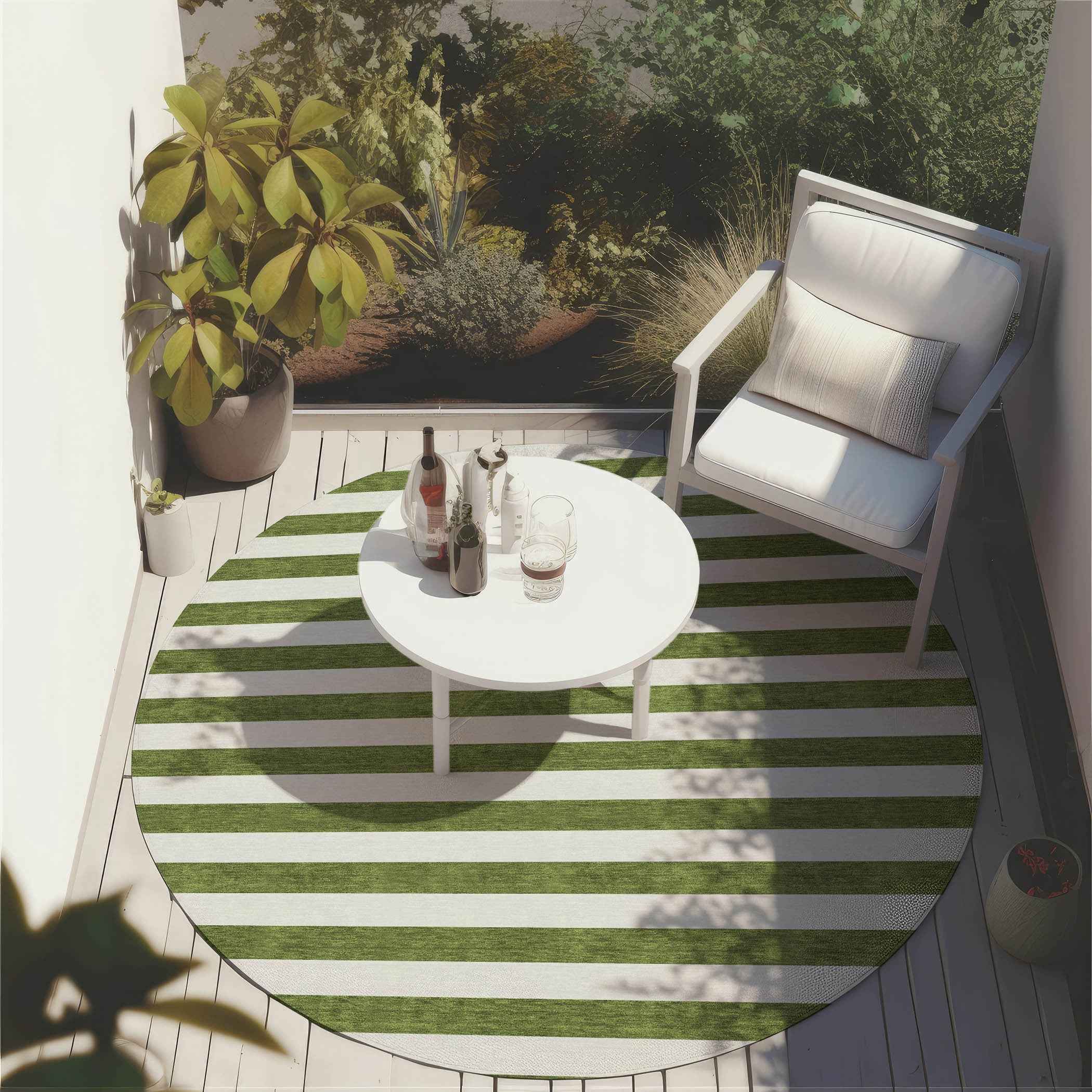 8' Round Olive Green Round Striped Washable Non Skid Indoor Outdoor Area Rug