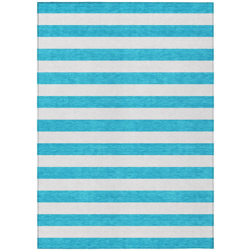 9' X 12' Teal and White Striped Washable Indoor Outdoor Area Rug